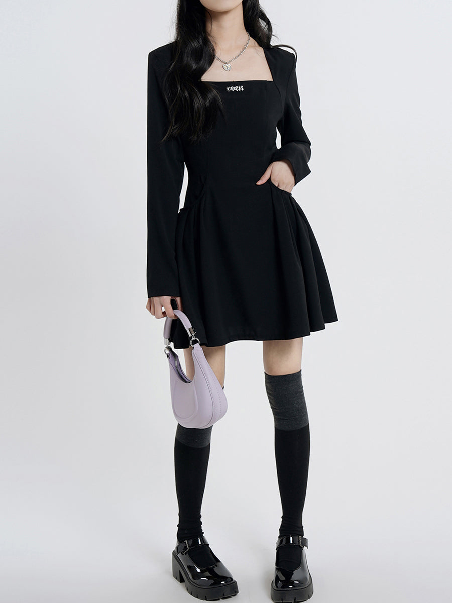 Black Square Collar Fluffy Dress