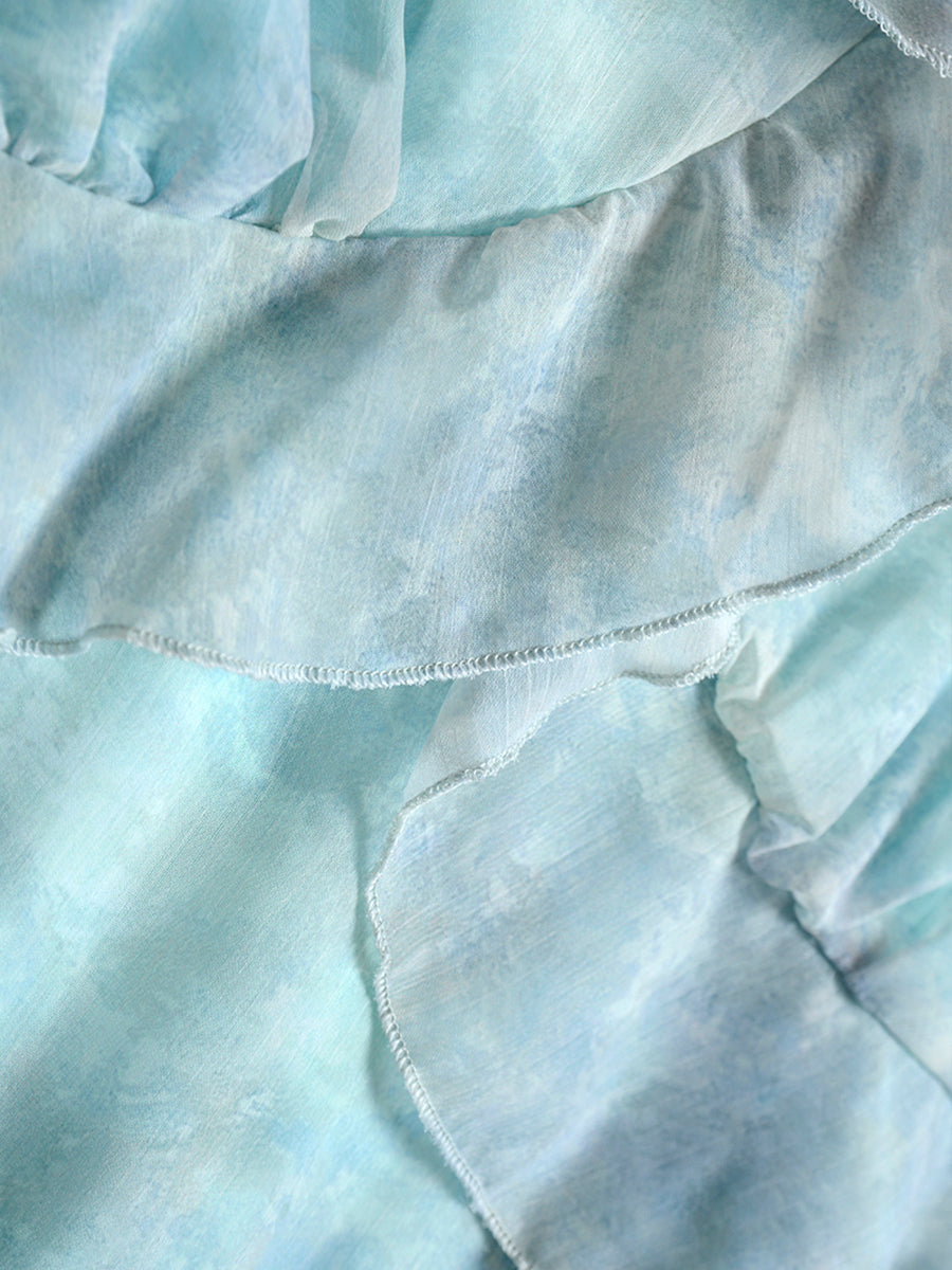 Floral Lace Lake Blue Halter Dress