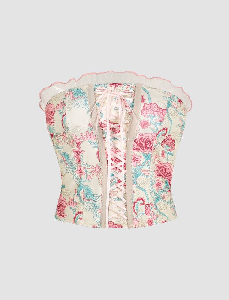 Floral Lace-up Ruffled Strapless Tube Top