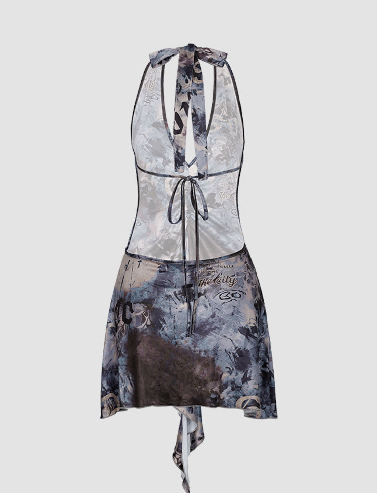 Floral Print Halter Drawstring Dress