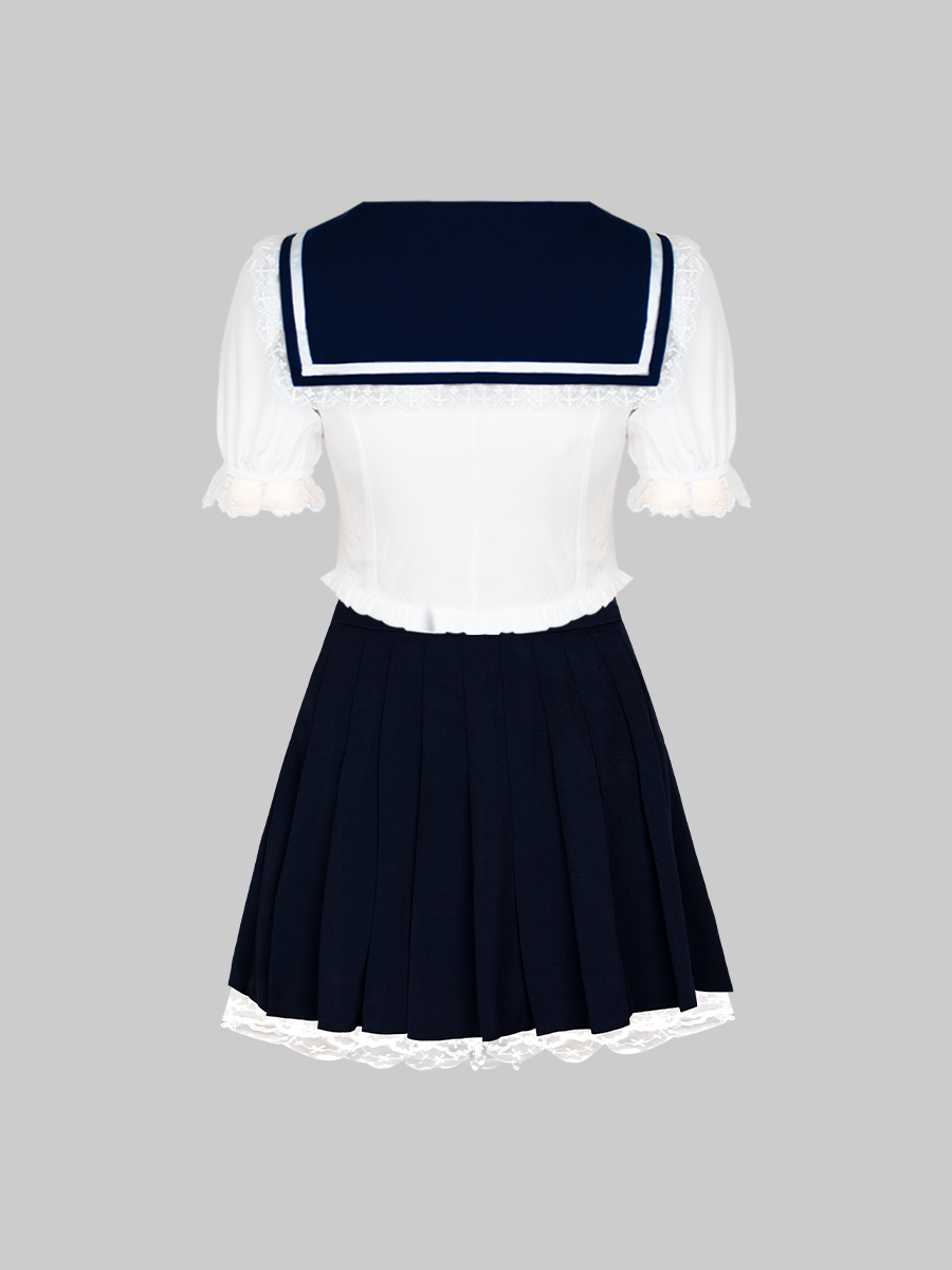 Navy Blue Bubble Sleeve Top&Pleated Skirt Set