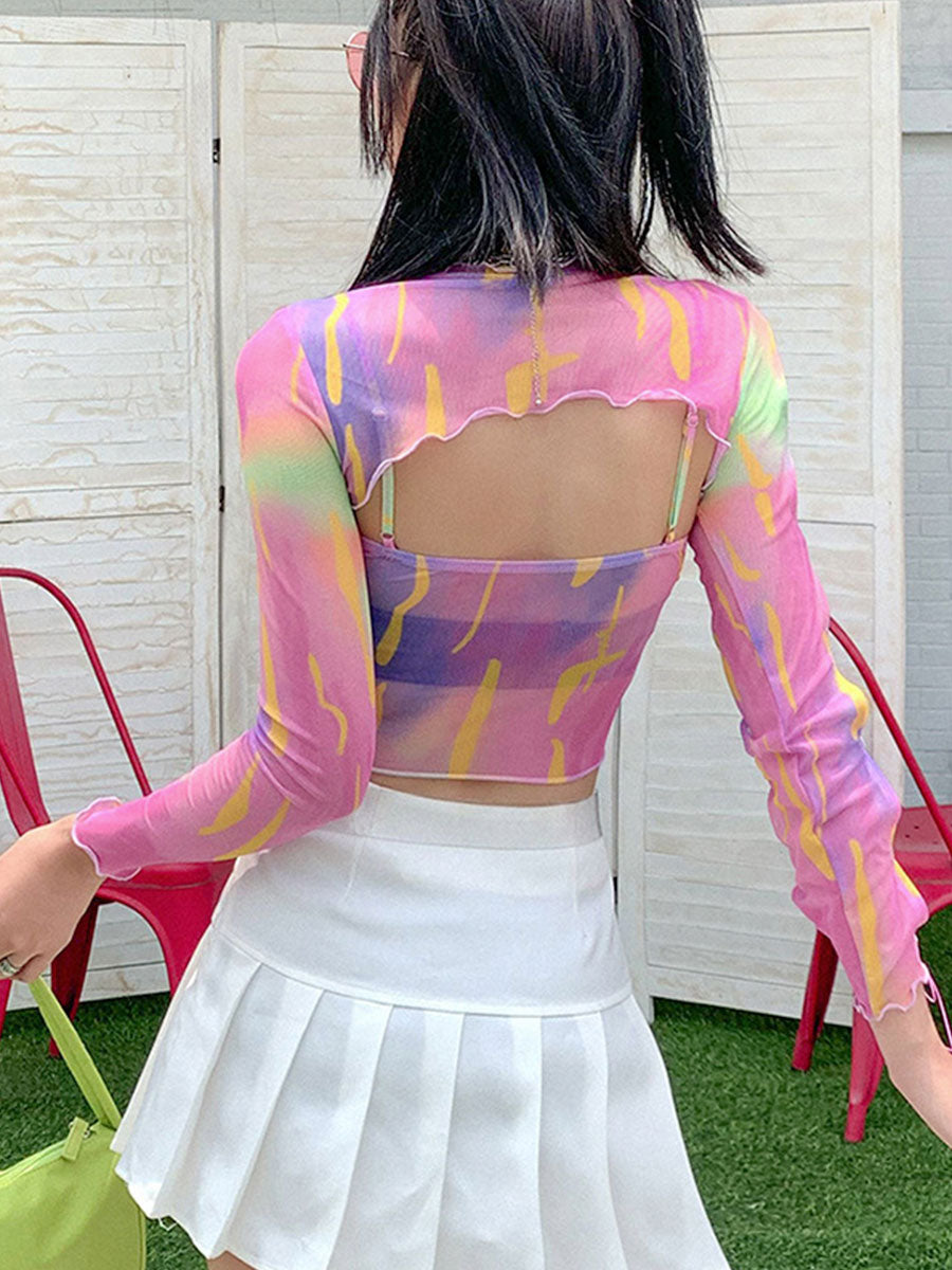 Colorful Printed Mesh Cami Top + Irregular Blouse Two-piece Set