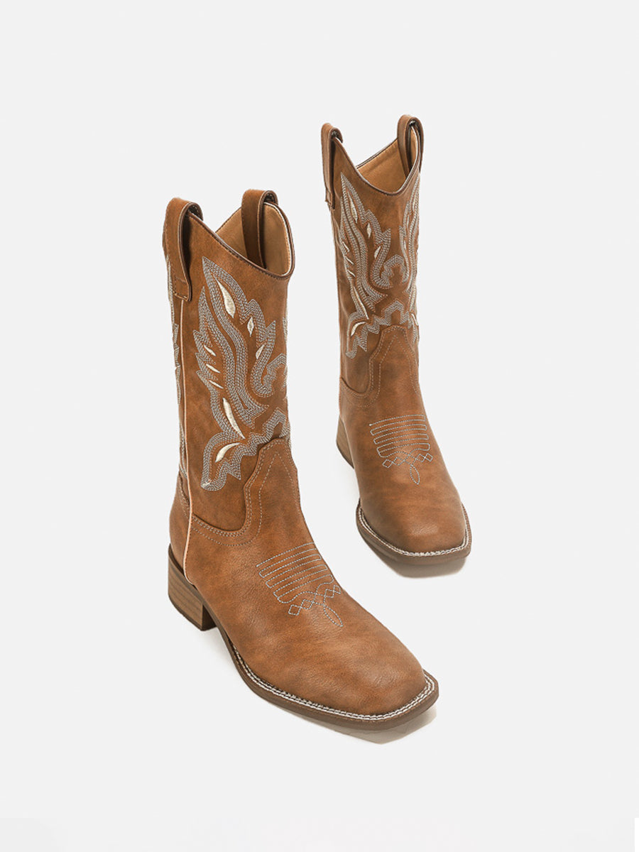 Brown Stitching Embroidered Butterfly Boots