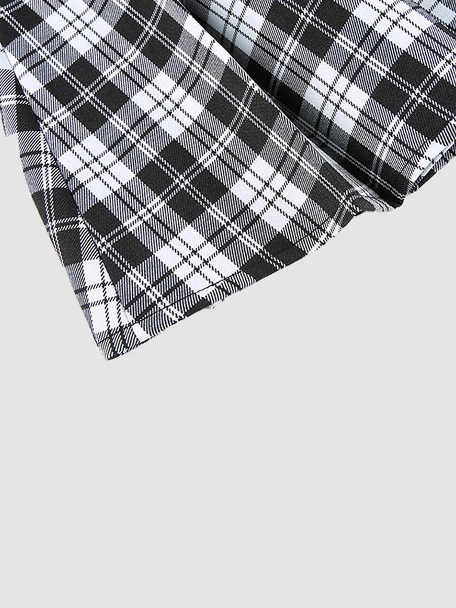 Plaid Leather Buckle Chain Patchwork A-line Skirt