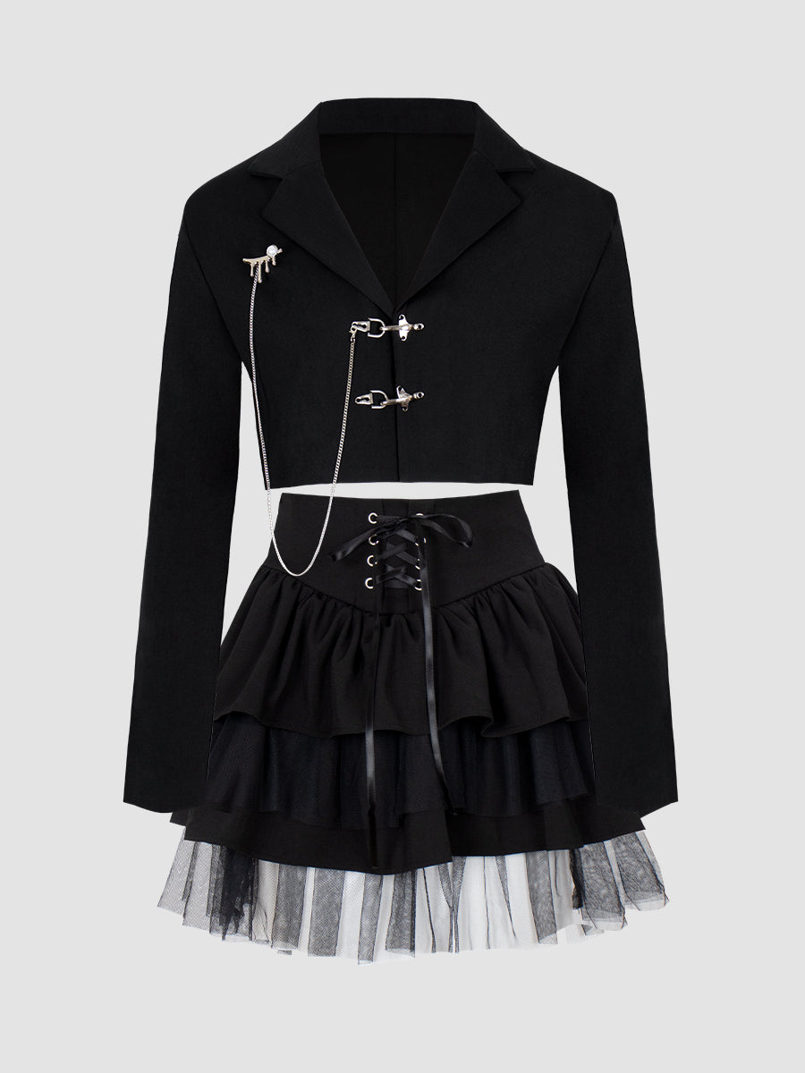 Black Blazer with Chain Belt + Puffy Skirt Set