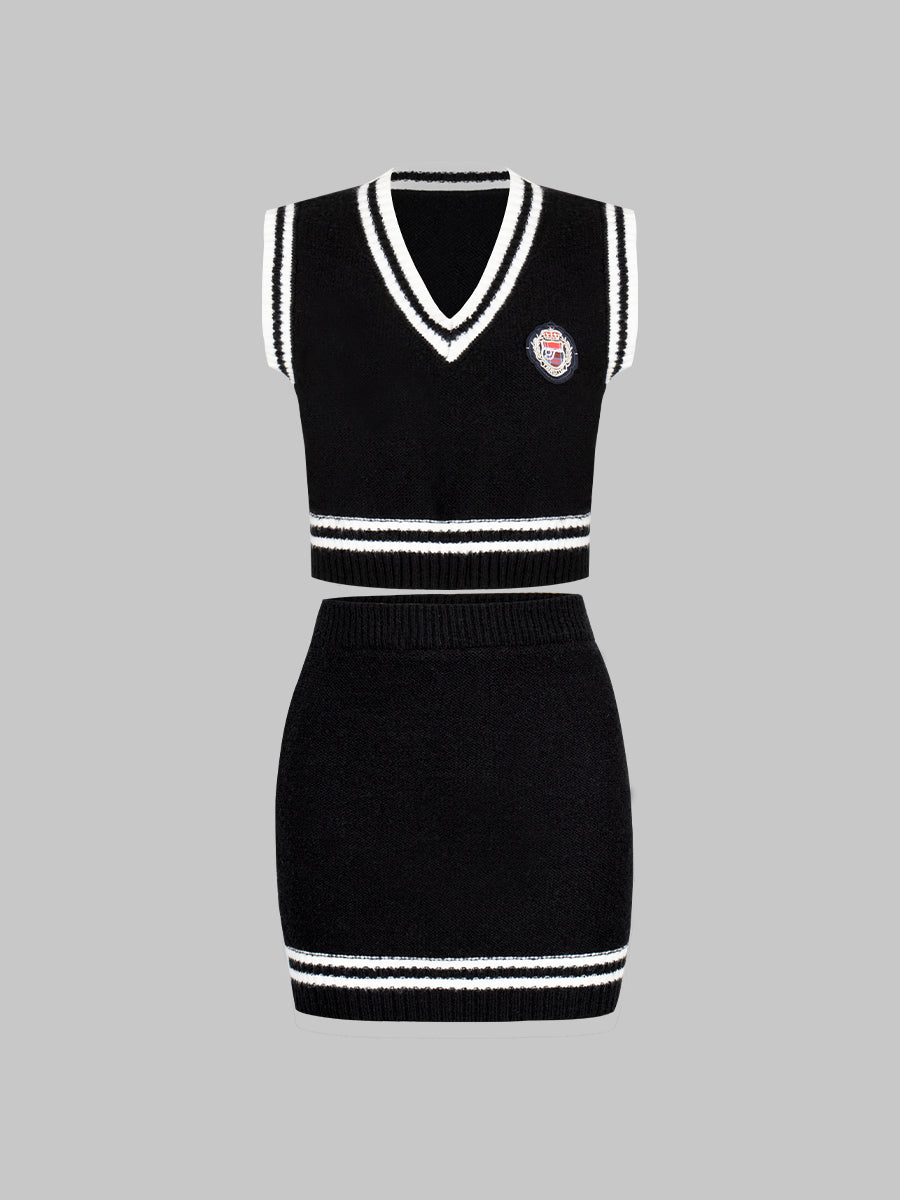 Knitted Tank Top+Shirt with Tie+Skirt Three Piece Set