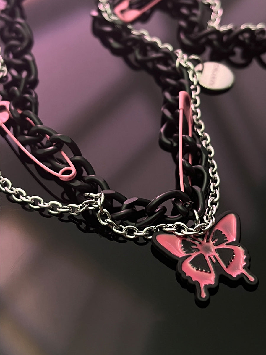 Black Chain Pin Butterfly Necklace