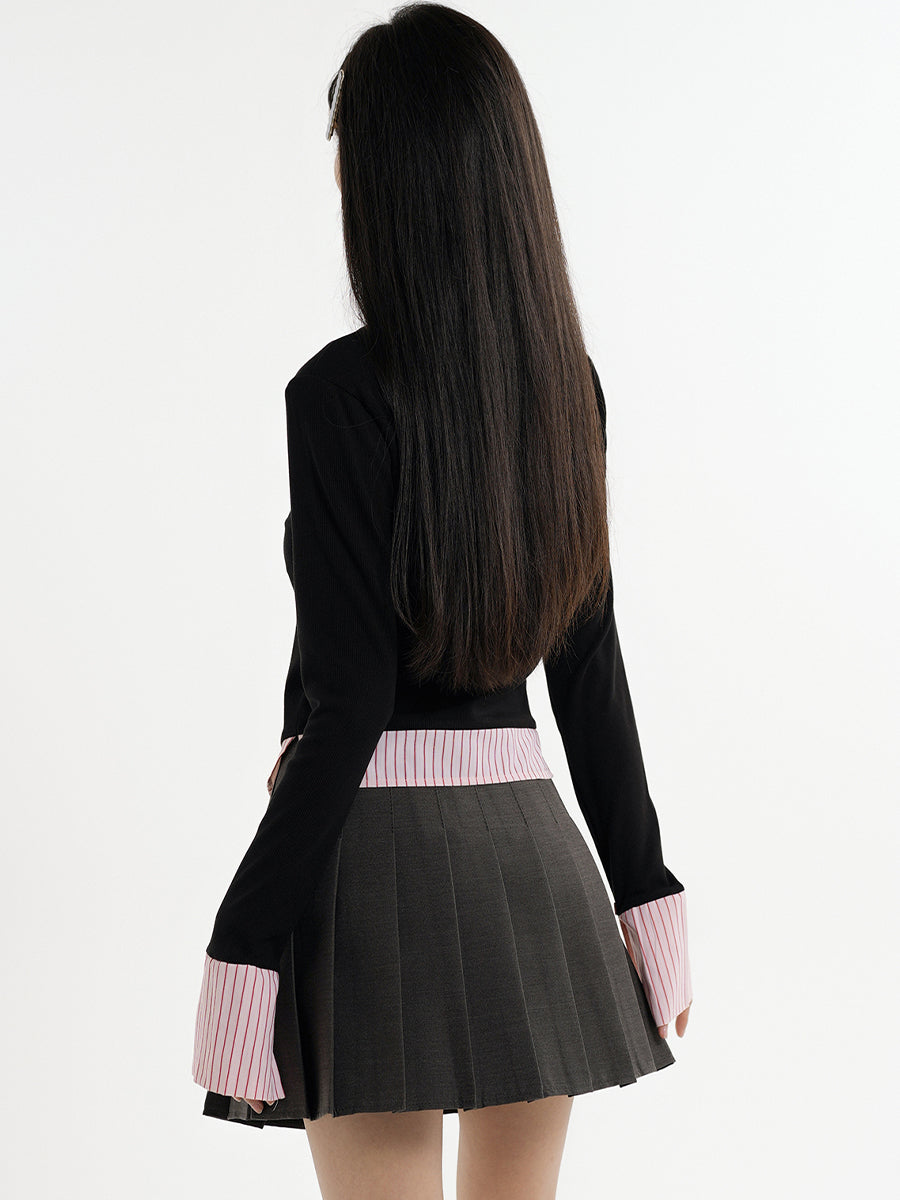 Fake Two Piece Shirt + Pleated Skirt Set