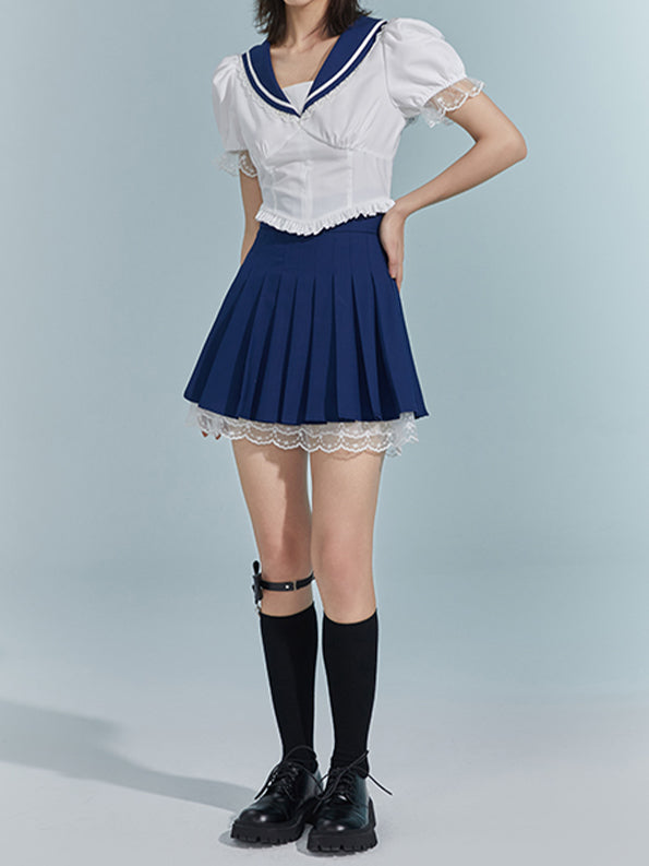 Navy Blue Bubble Sleeve Top&Pleated Skirt Set