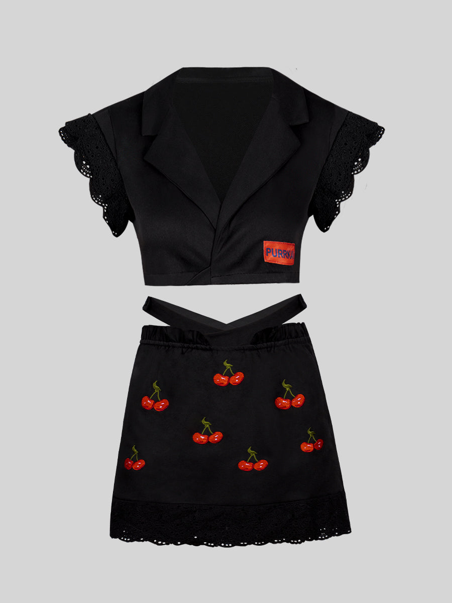 Lace Lace-up Shirt Top + Cherry Skirt Set