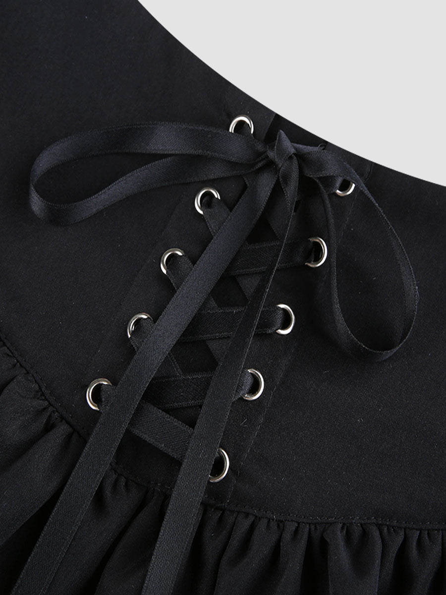 Lacing Lace Puffy Skirt Black Skirt