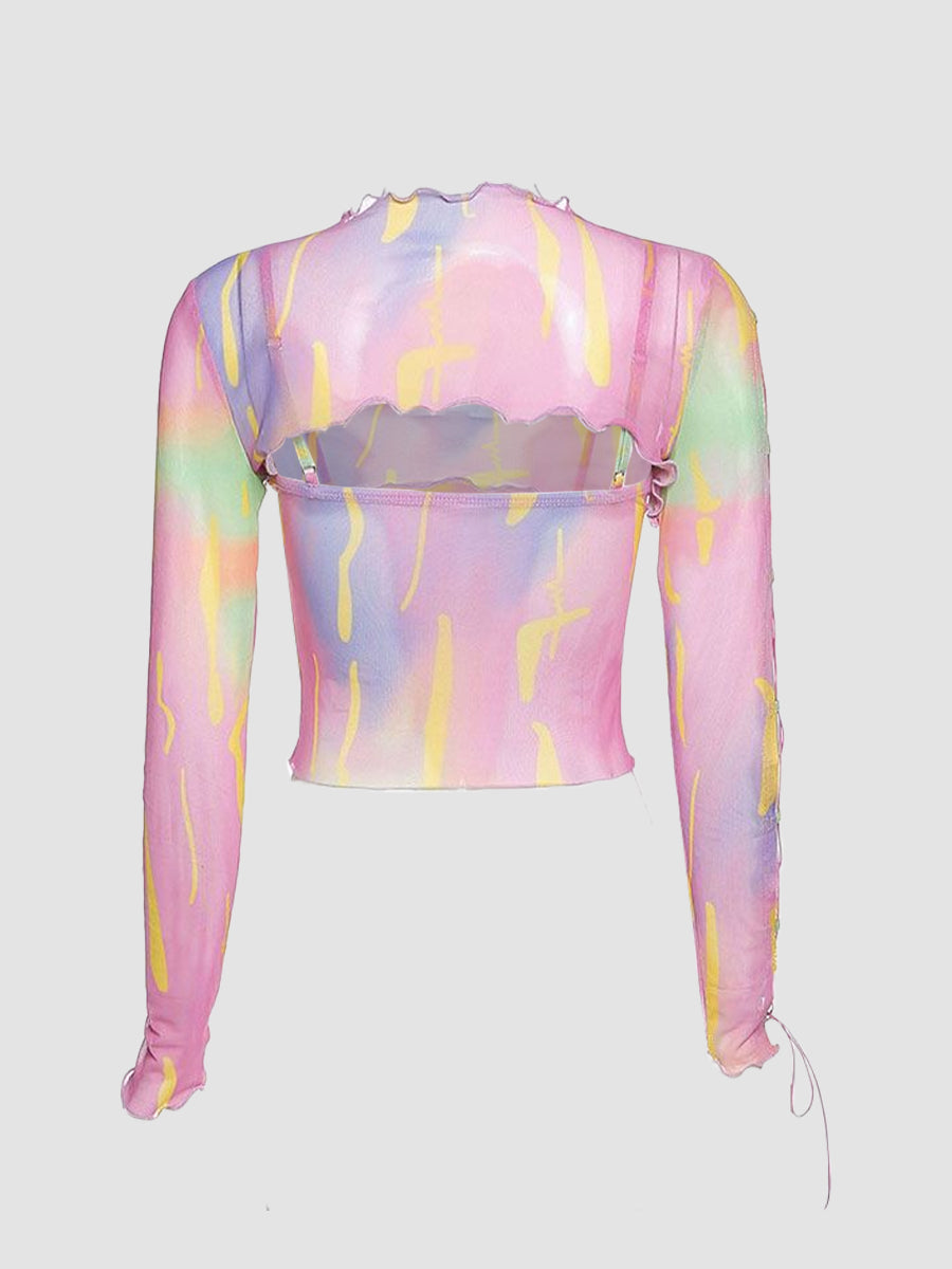 Colorful Printed Mesh Cami Top + Irregular Blouse Two-piece Set