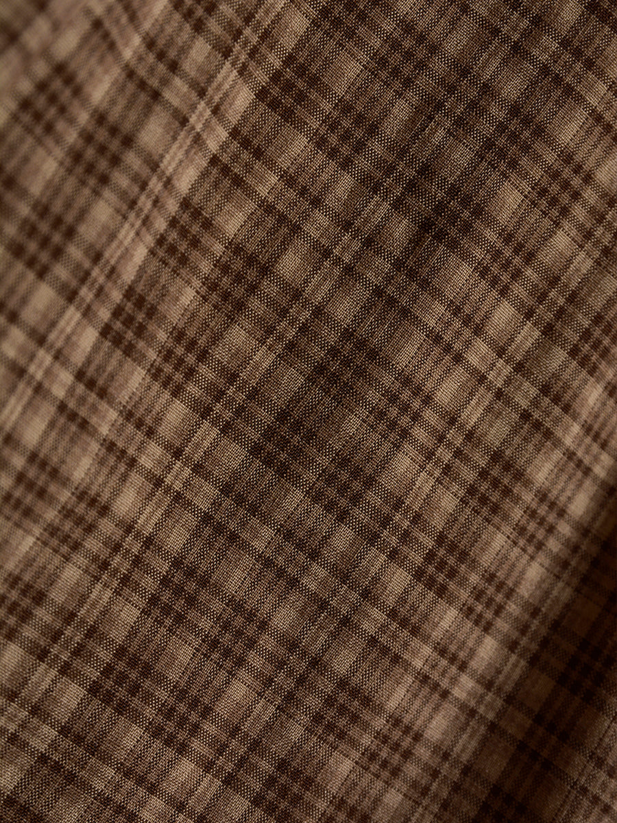 Curry Plaid Stitching Straps Bubble Sleeve Dress