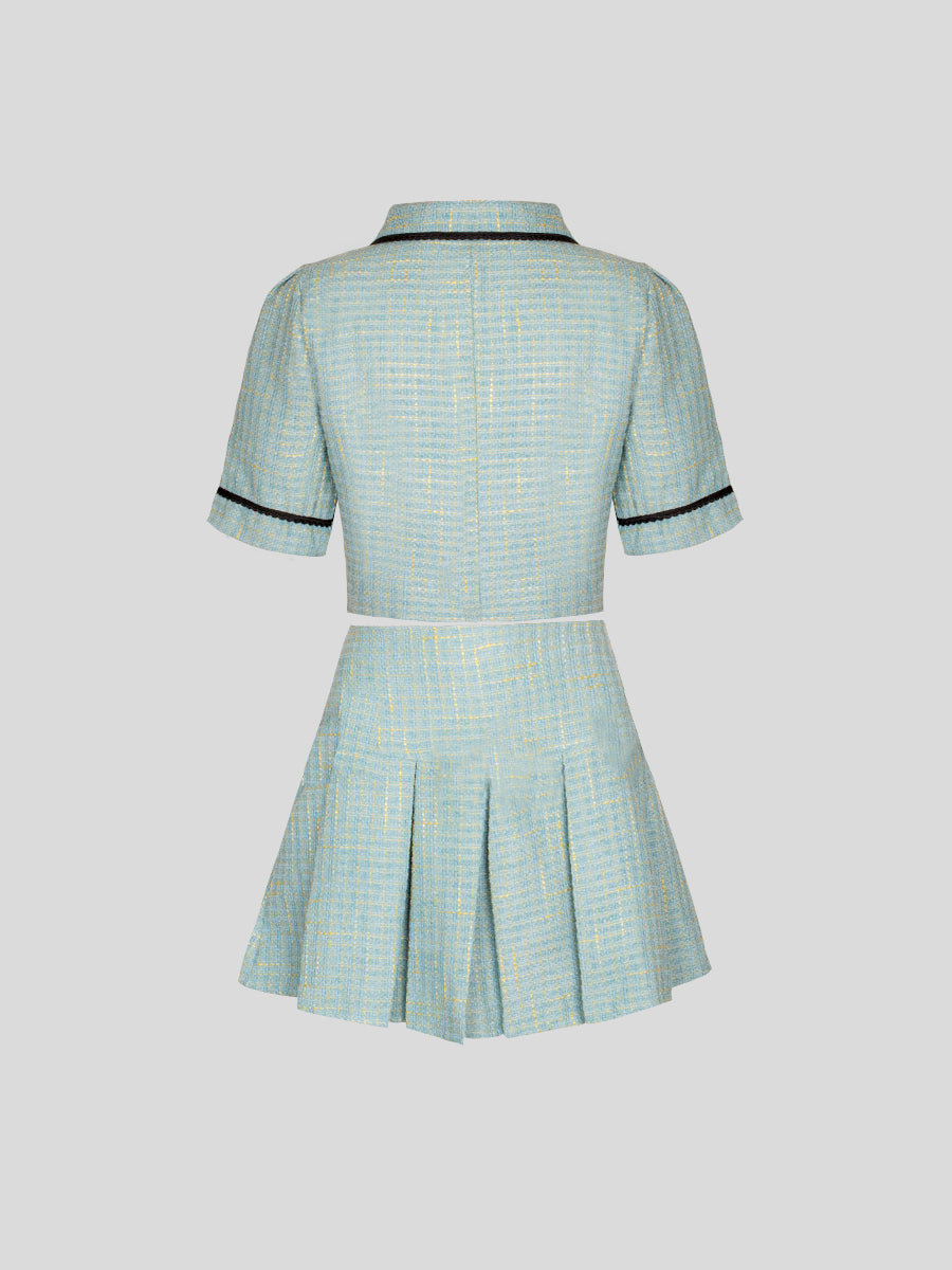Green Bow Tweed Top&Mini Skirt Set