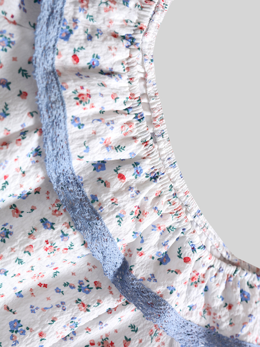 Sweet Girl Pastoral Style Floral Bubble Sleeve Dress