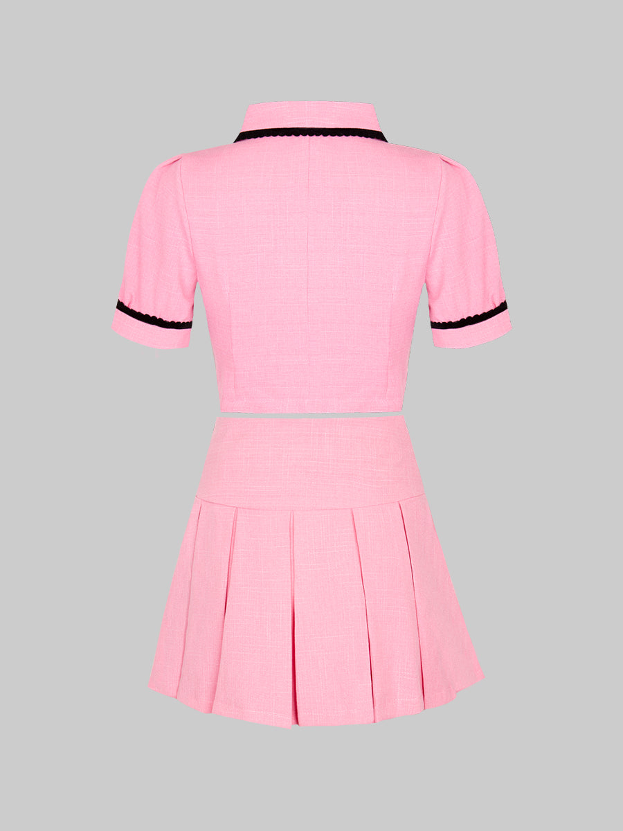 Pink Short Sleeve Top&High Waist Pleated Skirt Set