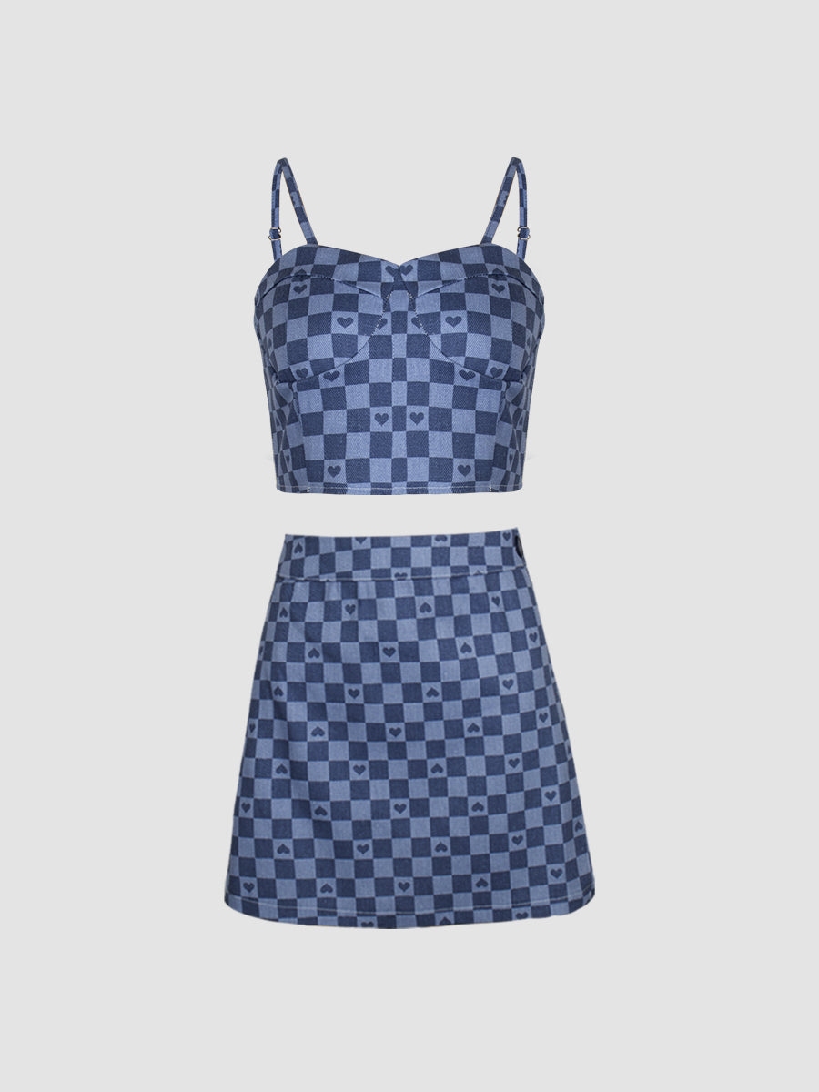 Love Blue Plaid Denim Cami&Skirt Set