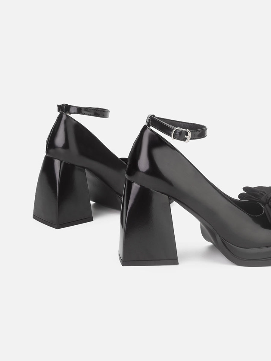 Ankle Strap Bow Tie Chunky Heeled Platform Pumps