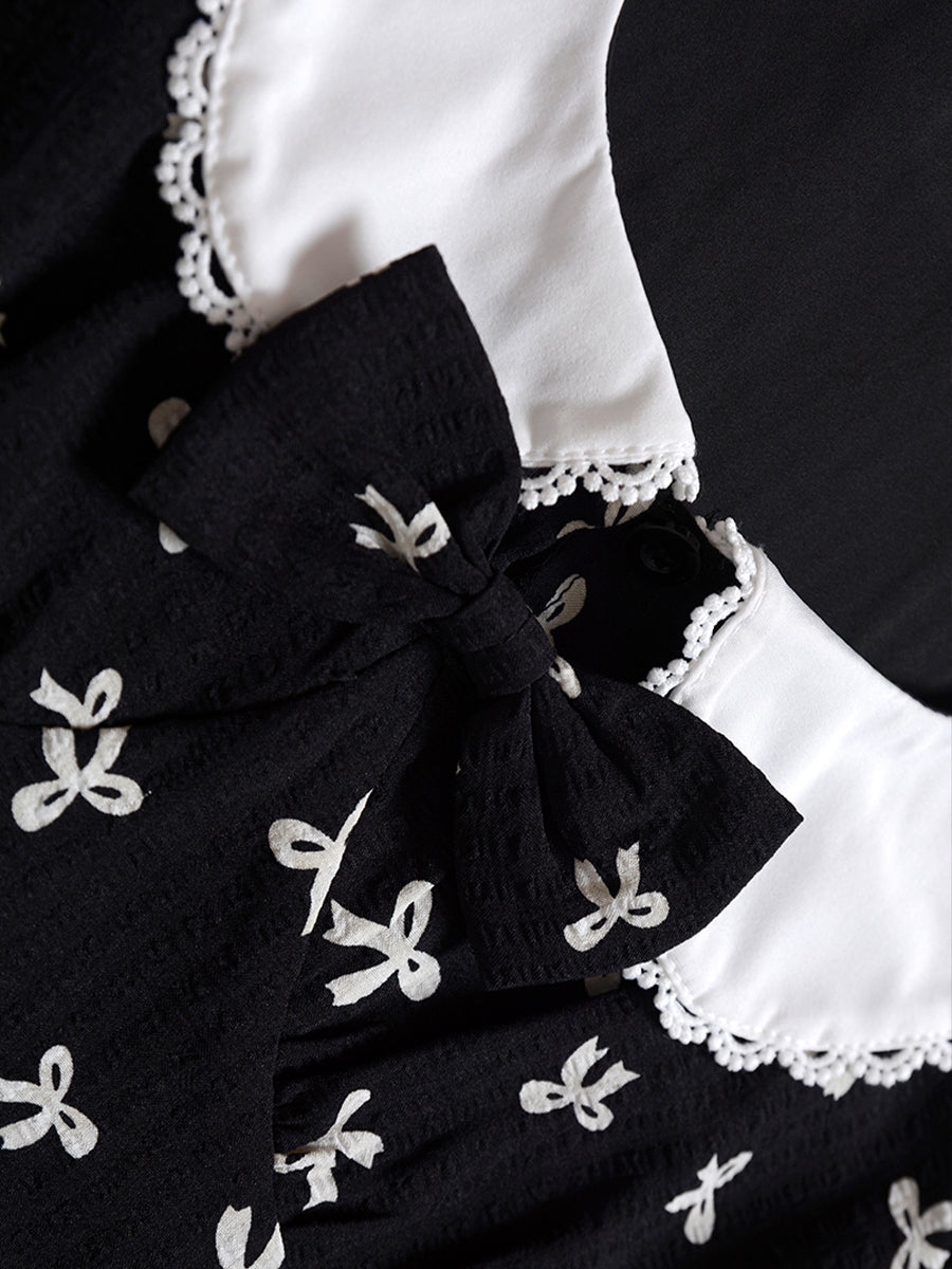 Retro Bow Print Doll Neck Dress
