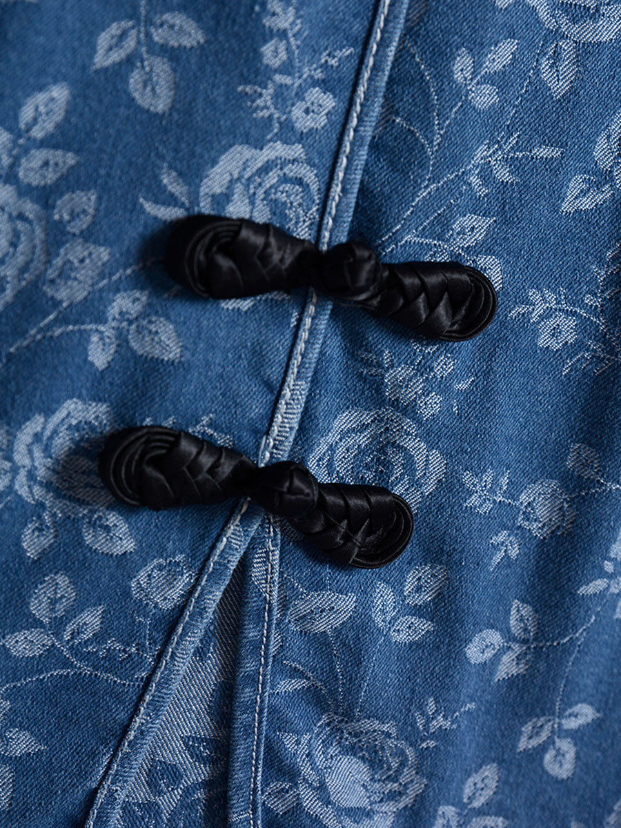 Rose Print Denim Cheongsam Dress