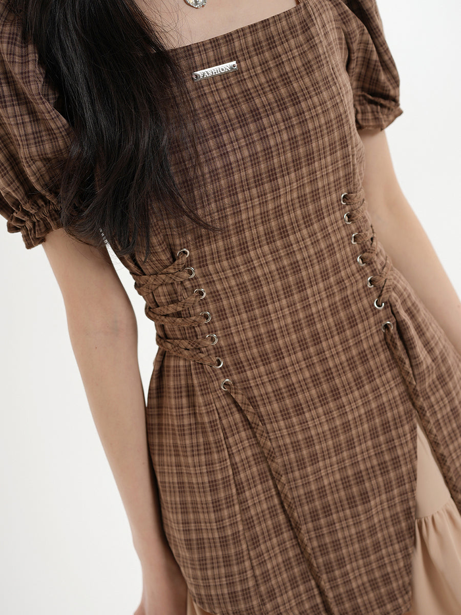 Curry Plaid Stitching Straps Bubble Sleeve Dress