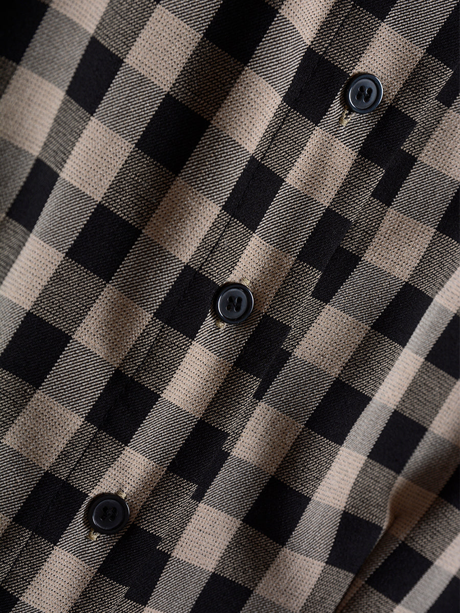 Coffee Checkered Shirt Top & A-line Skirt / Pleated Skirt Set