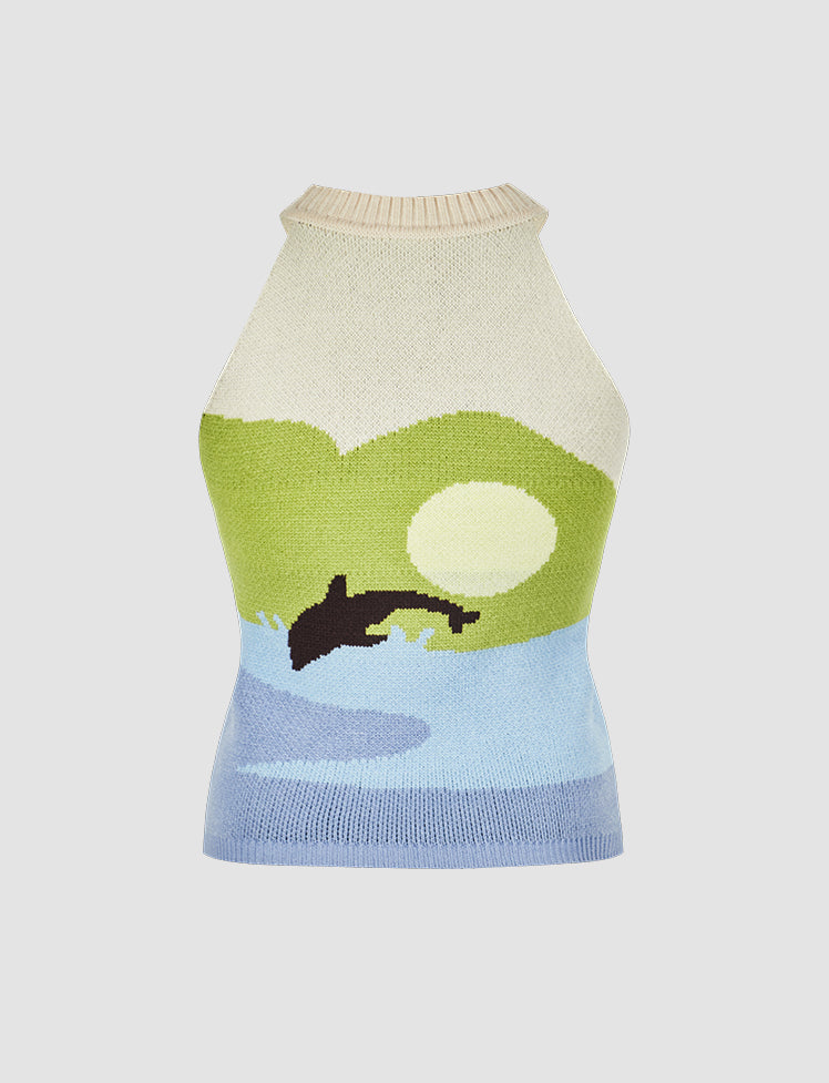 Dolphin Cartoon Knitted Halter Tank Top