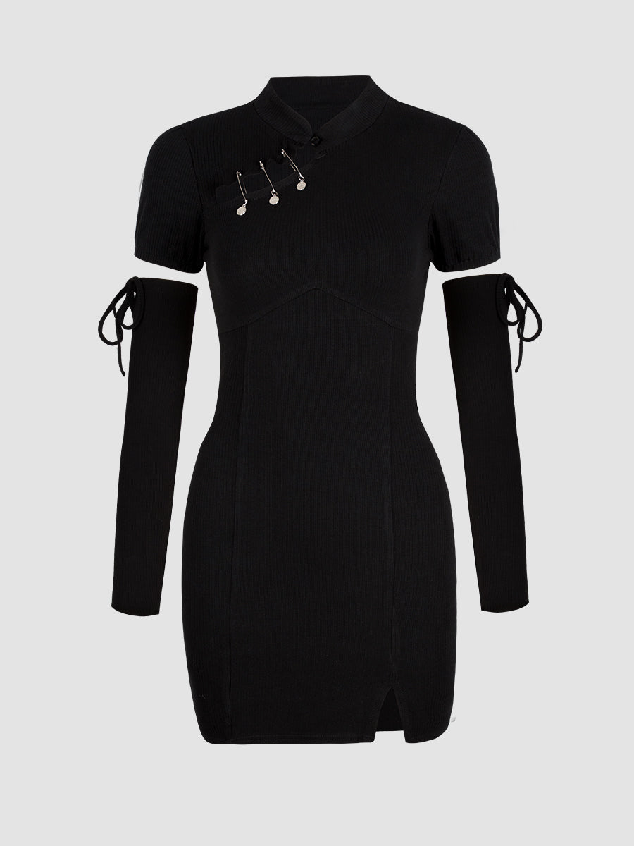 Black Knitted Cheongsam Dress with Sleeve