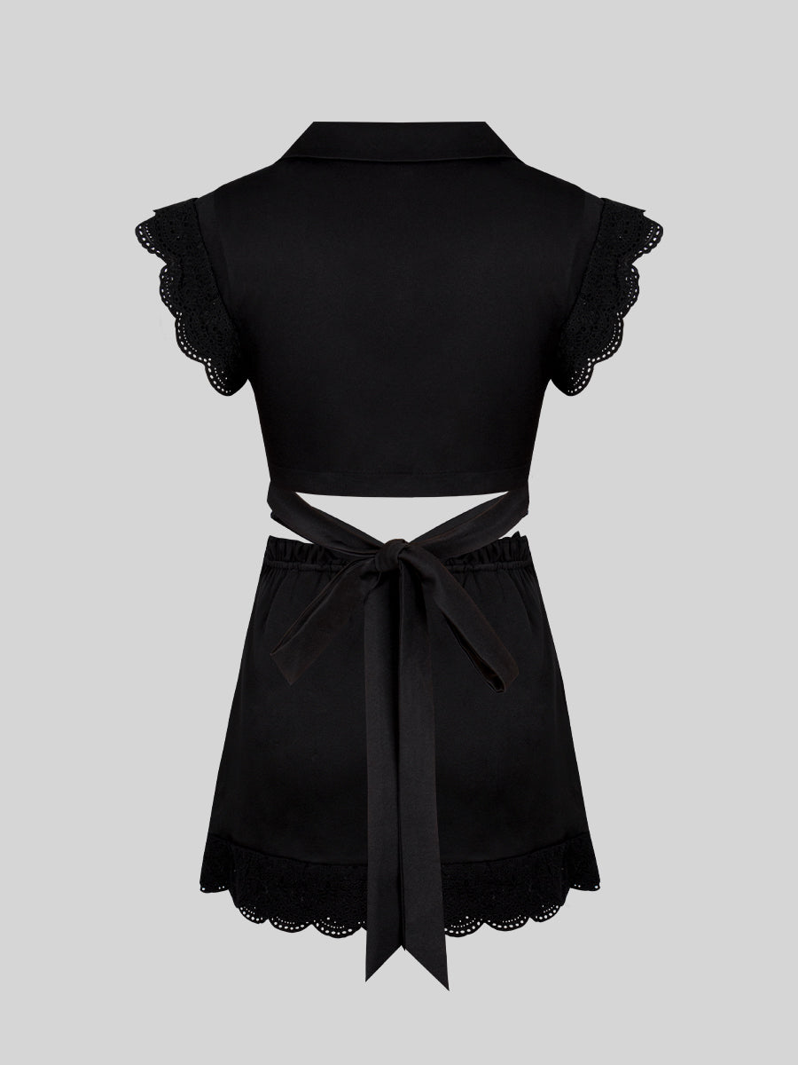 Lace Lace-up Shirt Top + Cherry Skirt Set