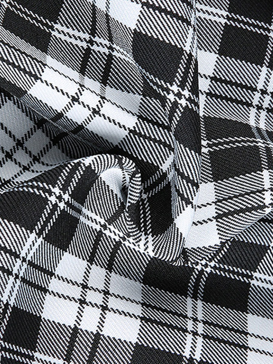 Plaid Leather Buckle Chain Patchwork A-line Skirt