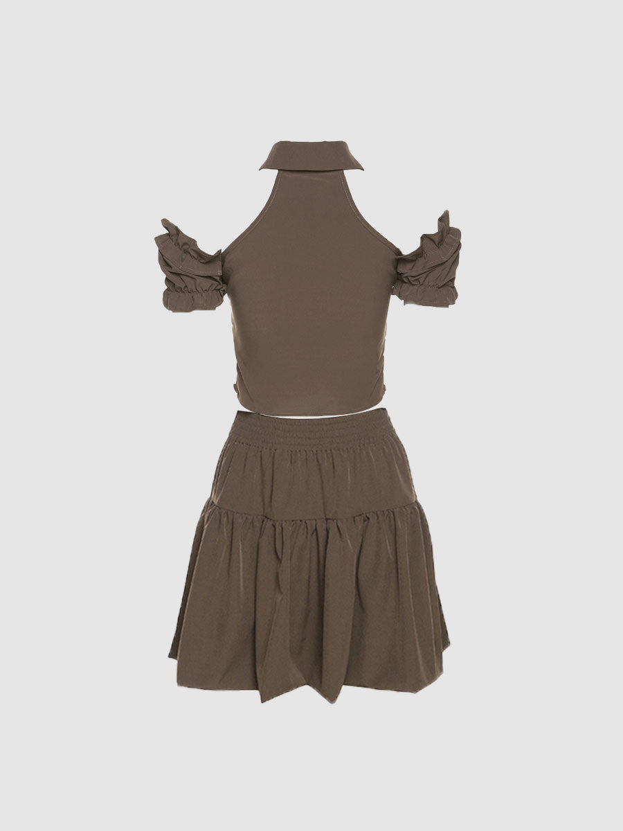 Retro Square Neck Short Bubble Sleeve Top&Pleated Skirt Set