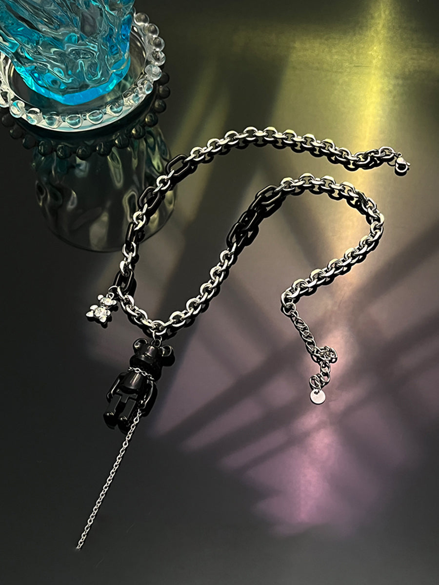 Black Pink Chain Bear Necklace