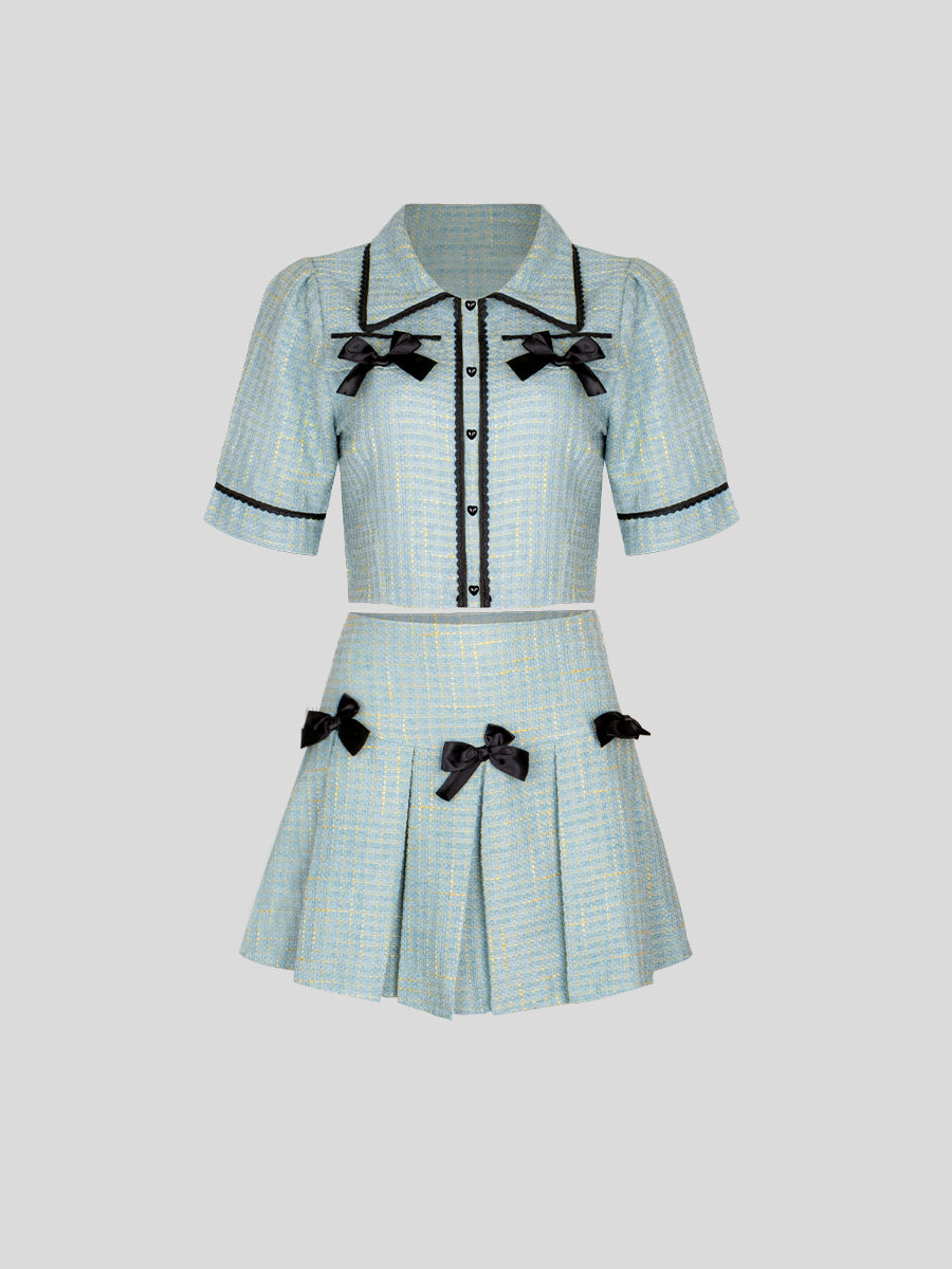 Green Bow Tweed Top&Mini Skirt Set
