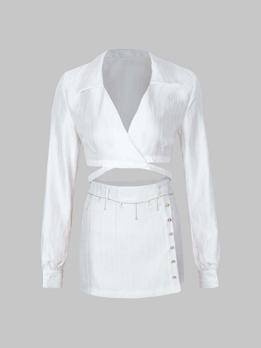 Satin Pearlized Top & Skirt Set with Belt Chain