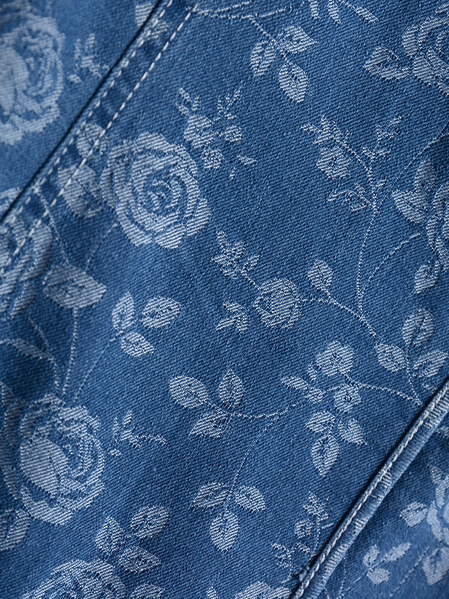 Rose Print Denim Cheongsam Dress