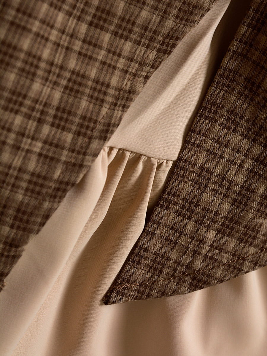 Curry Plaid Stitching Straps Bubble Sleeve Dress