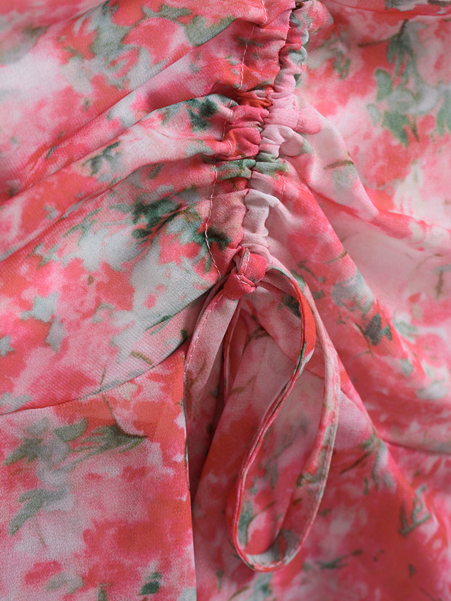 Pink Floral Halter Chiffon Dress