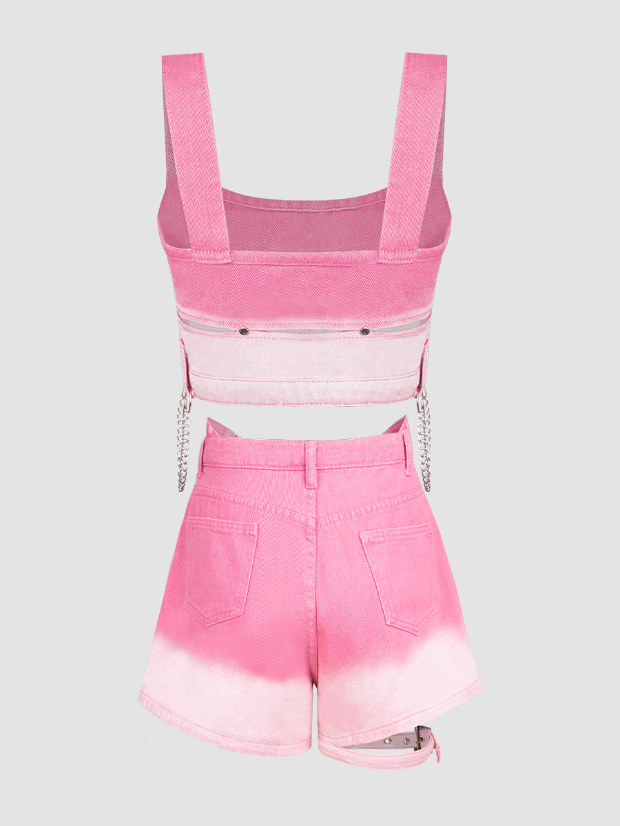 Pink Gradient Camisole + Denim Shorts Set