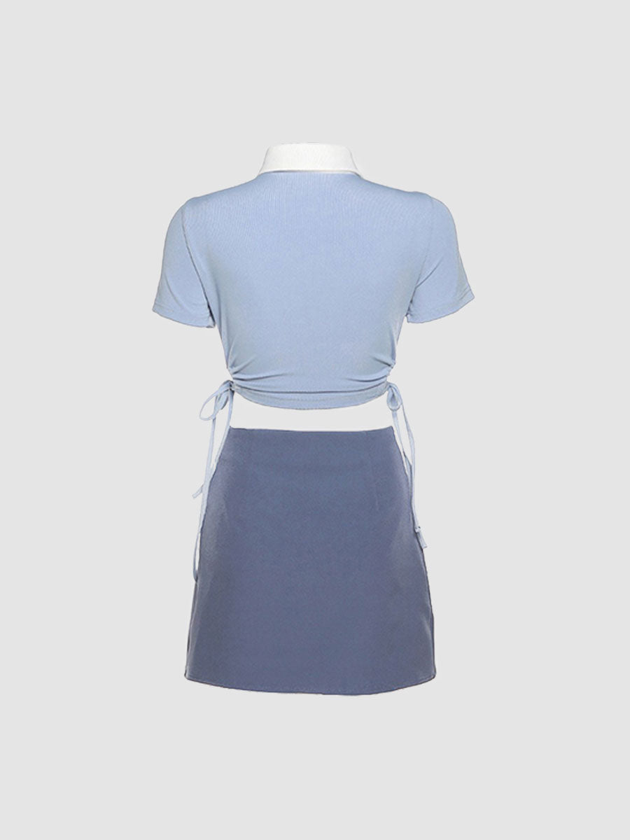 Summer Navy Blue College Style Short Sleeve Top&A-line Skirt Two Pieces Set