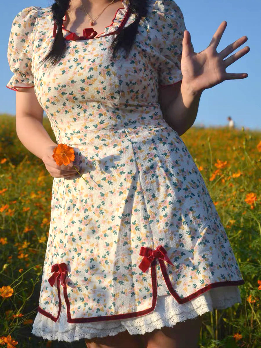 Sweet Bow Lace Floral Dress
