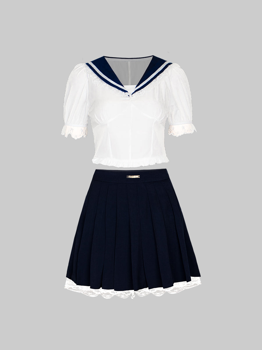 Navy Blue Bubble Sleeve Top&Pleated Skirt Set