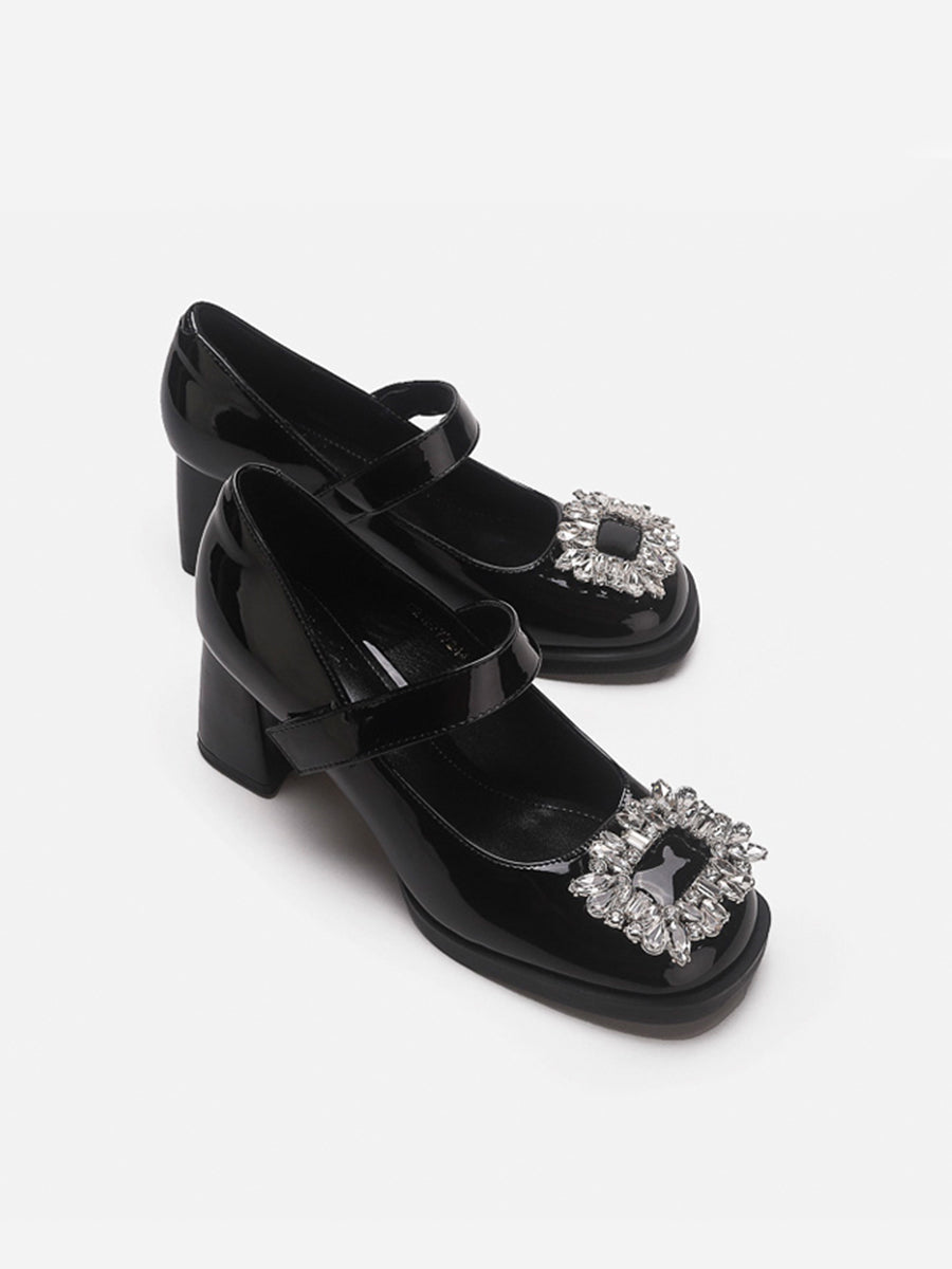 Rhinestone Decor Chunky Mary Jane Pumps