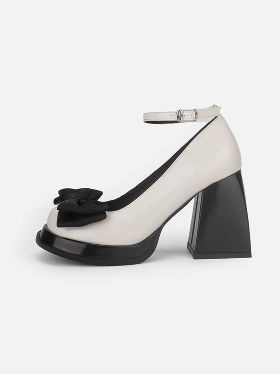 Ankle Strap Bow Tie Chunky Heeled Platform Pumps