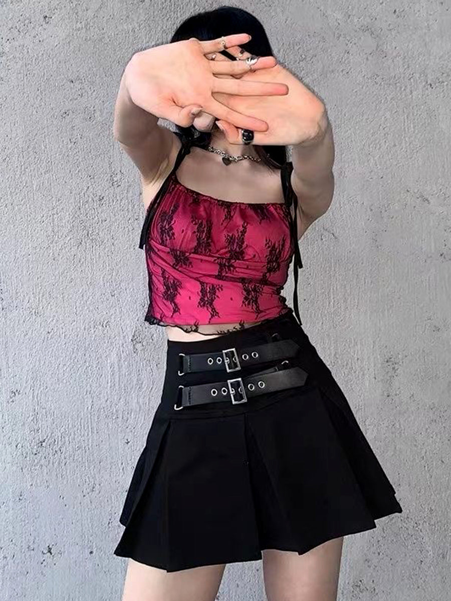 Leather Buckle Sexy Pleated Skirt