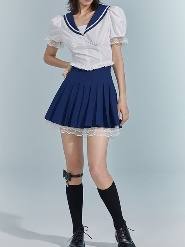 Navy Blue Bubble Sleeve Top&Pleated Skirt Set