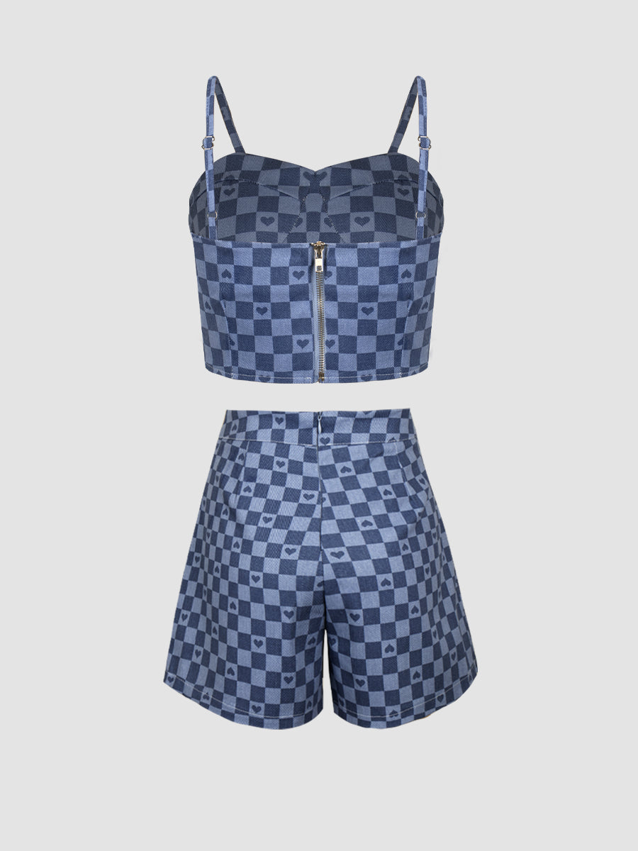 Love Blue Plaid Denim Cami&Skirt Set