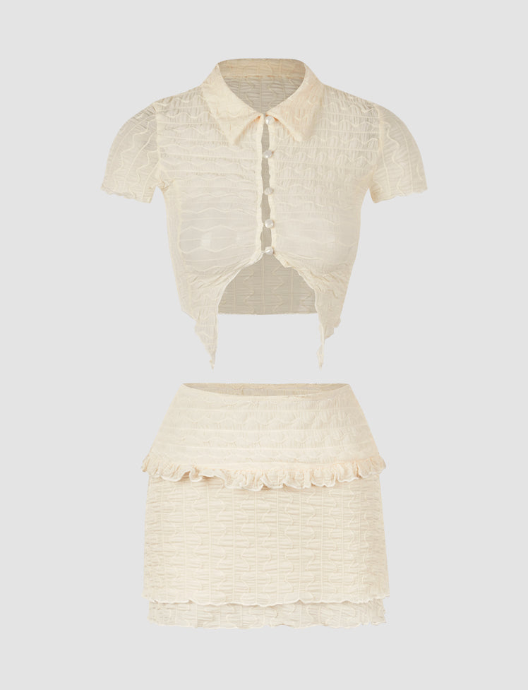 Solid Ruffled Top&Skirt Set
