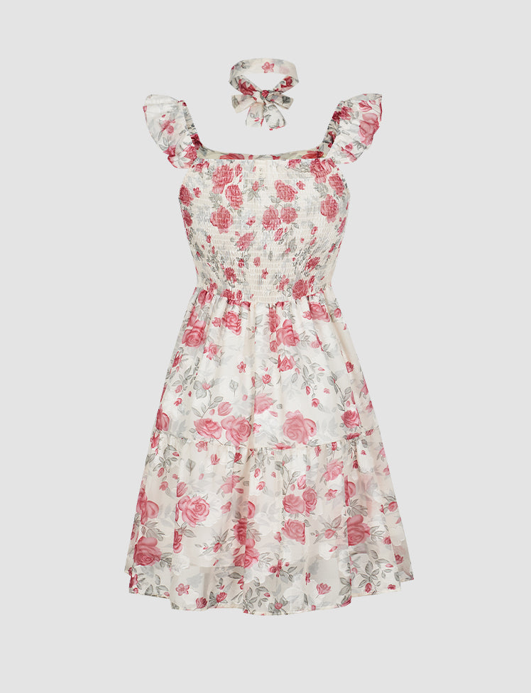 Ruffled Chiffon Floral Dress