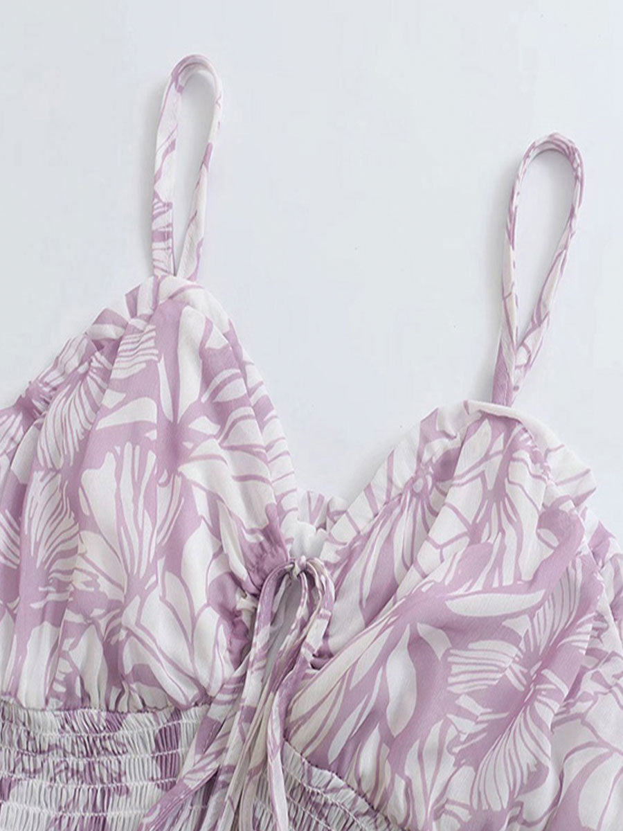 Retro Print Hollow Backless Halter Dress