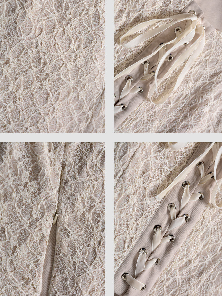 Apricot Strappy Lace Long Sleeve Top